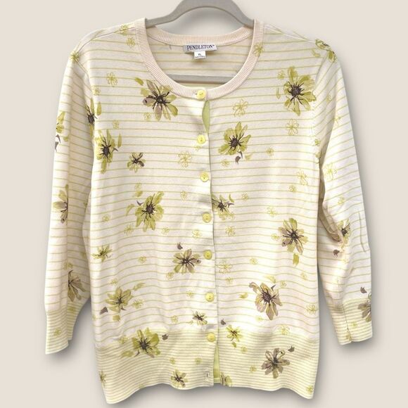 Pendleton XL Silk Blend Striped Floral Cardigan Cream Sage Green Brown - Picture 1 of 9